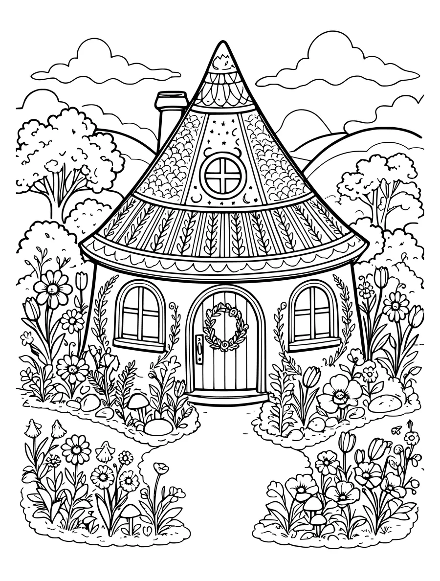 Black and white line art coloring page of gnome house with a round door, windows and a garden of flowers, intricate detail