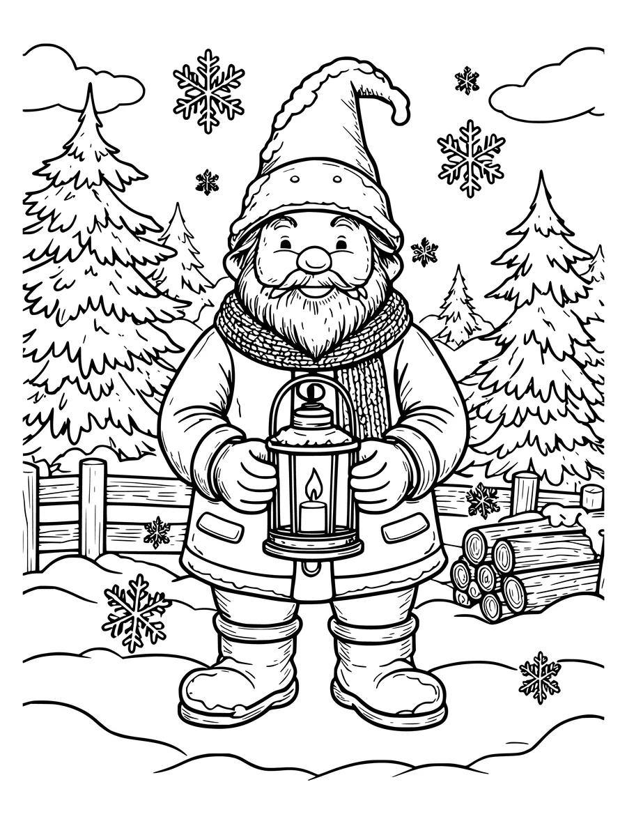 Black and white line art coloring page of gnome in a winter scene with snow and a lantern, detailed detail
