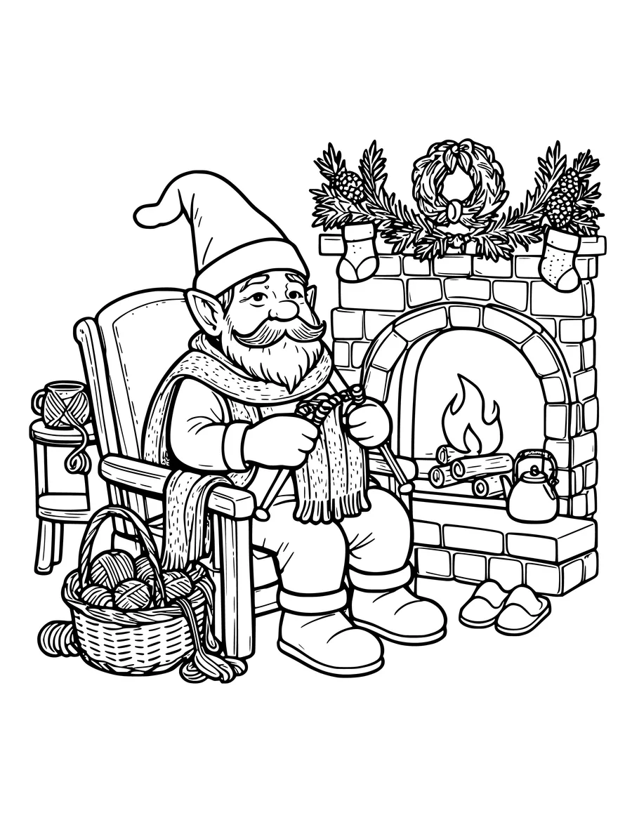 A gnome sits in a chair knitting a scarf in front of a cozy, decorated fireplace as a coloring page.