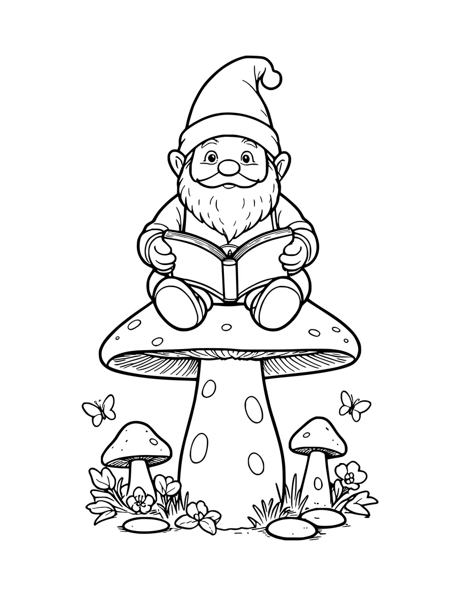 A coloring page of a gnome sitting on a large mushroom and reading a book, with butterflies fluttering nearby.
