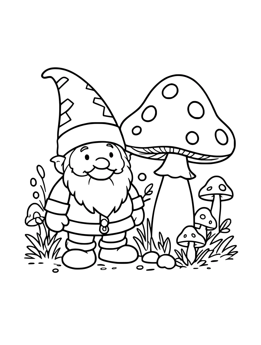 A gnome stands next to a large mushroom, surrounded by smaller mushrooms and grass in this line art, colouring page