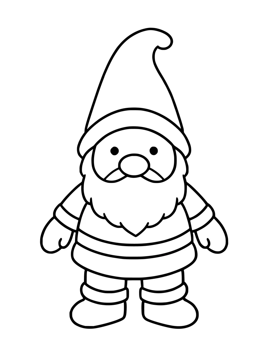 A cute gnome with a big round nose, a tall hat, and mittens stands as a simple colouring page.