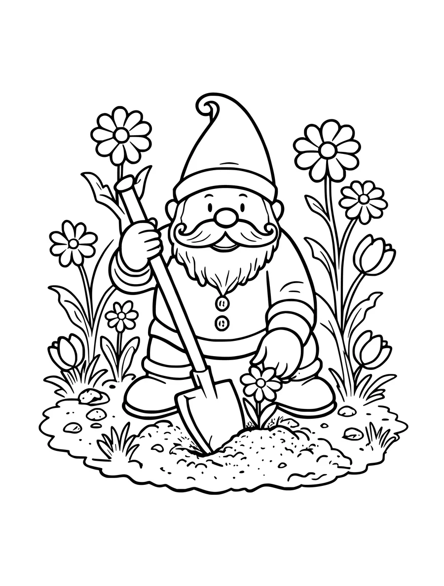 Black and white line art colouring page of gnome with a shovel planting flowers, medium detail