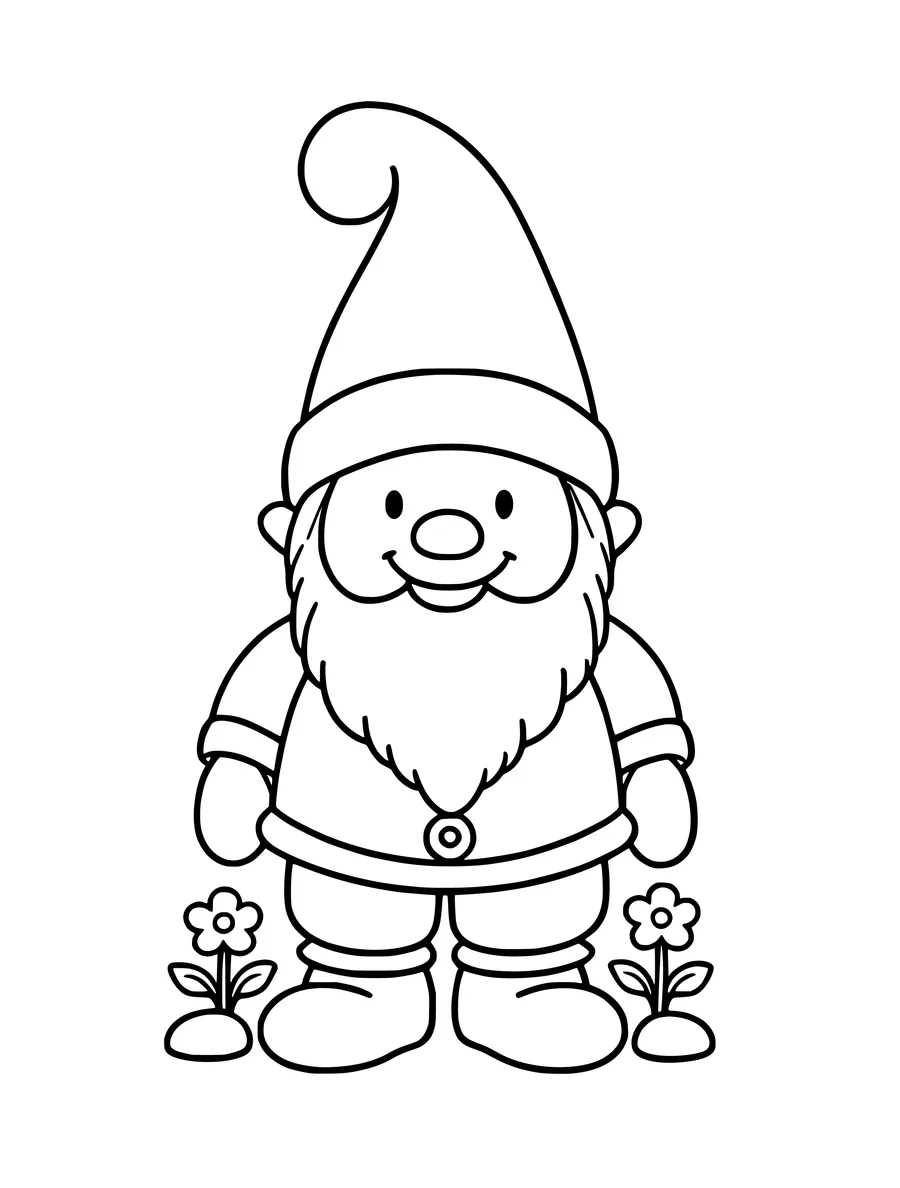 A simple coloring page of a friendly gnome with a tall pointed hat and a long, full beard.