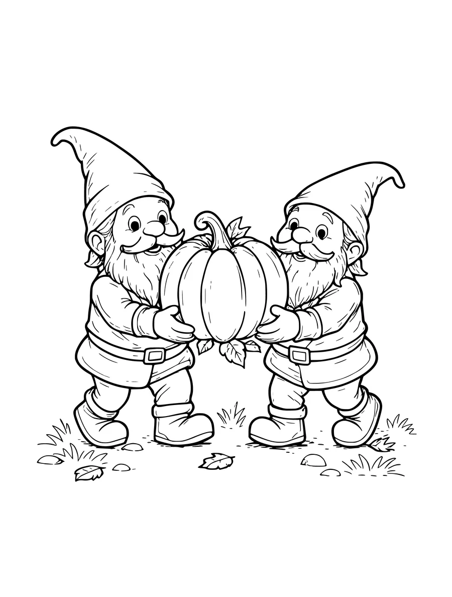 Black and white line art coloring page of pair of gnomes carrying a pumpkin, medium detail