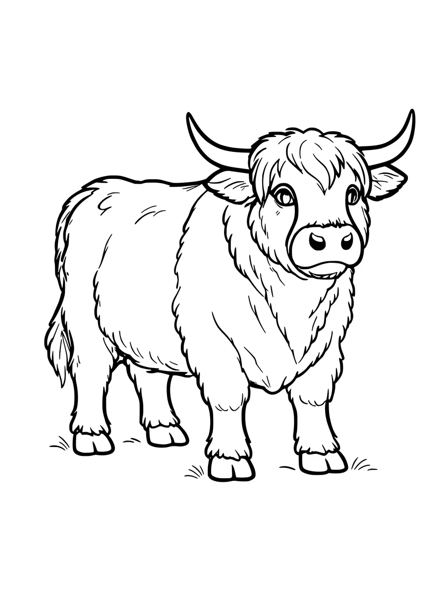 A simple line art colouring page of a fluffy highland cow with long curved horns and a shaggy fringe.