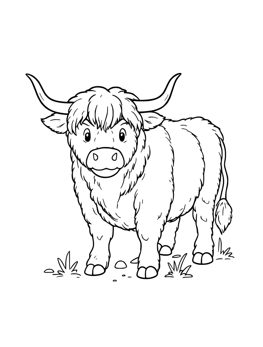 A fluffy highland cow with long curved horns and a shaggy fringe stands on grass in this colouring page.