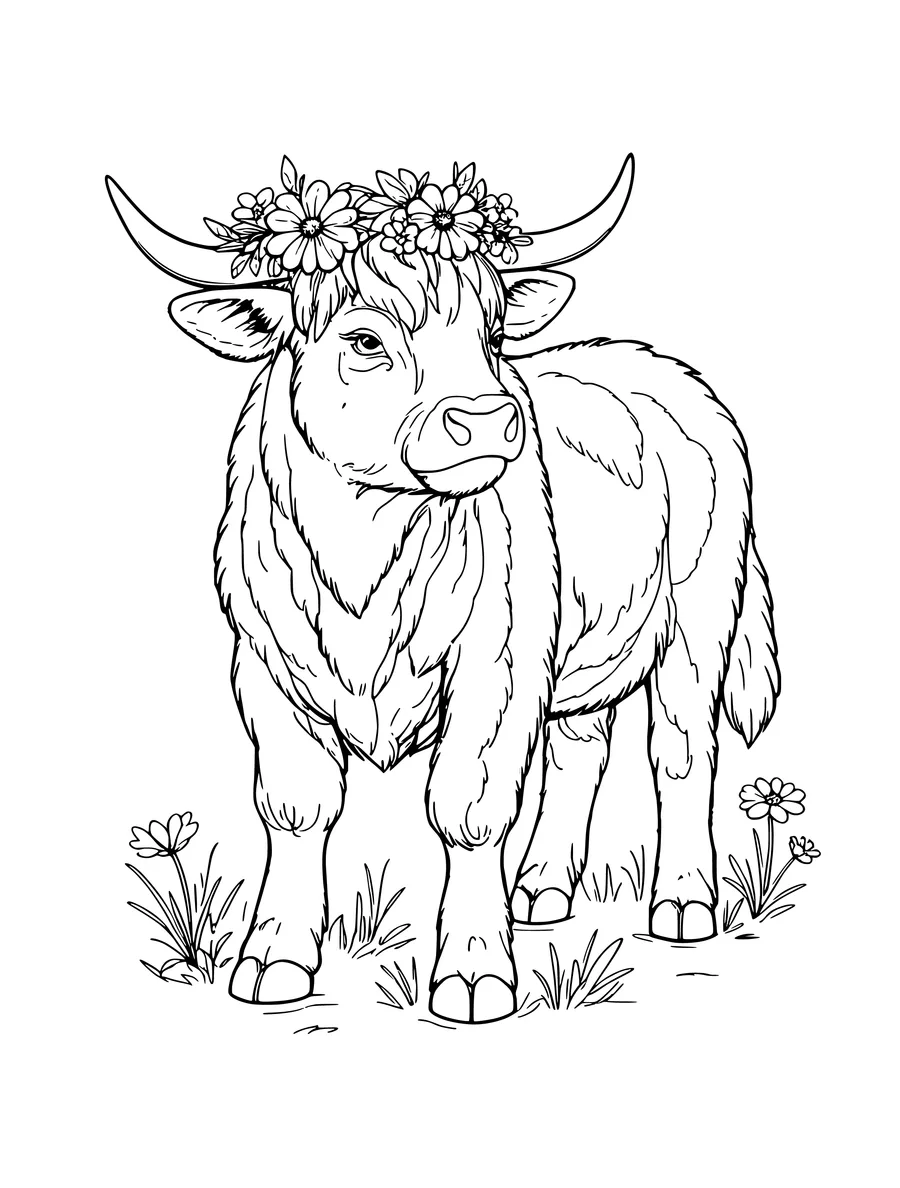 A highland calf with a detailed flower crown on its head stands among small flowers in this line art.