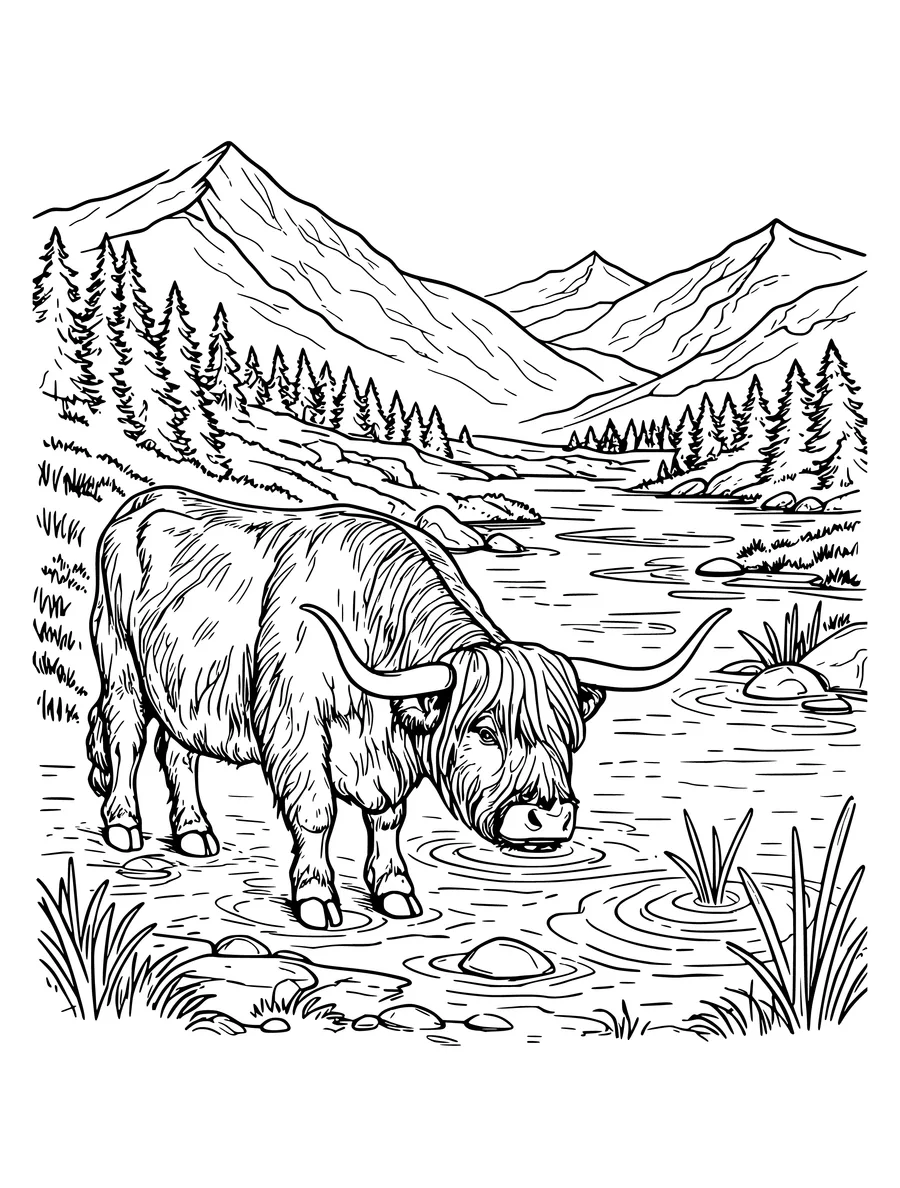 Black and white line art coloring page of highland cow beside a loch with mountains, detailed detail