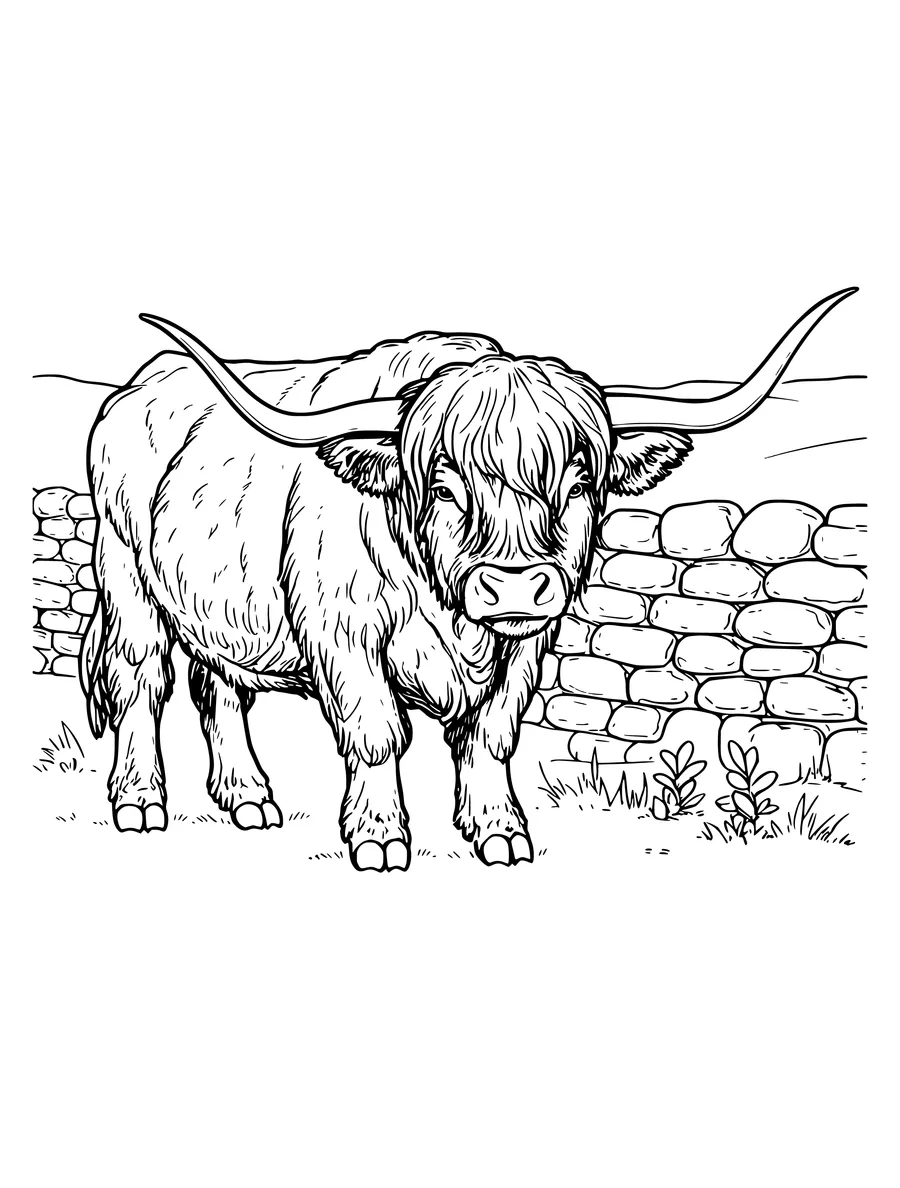 Black and white line art colouring page of highland cow beside a stone wall, medium detail