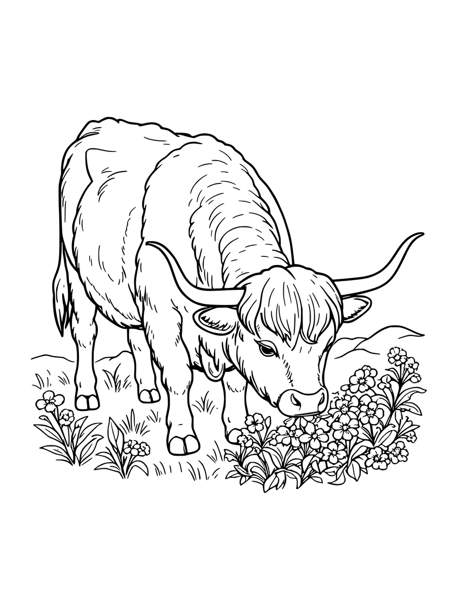 A colouring page of a highland cow standing in a field and eating a patch of wildflowers.