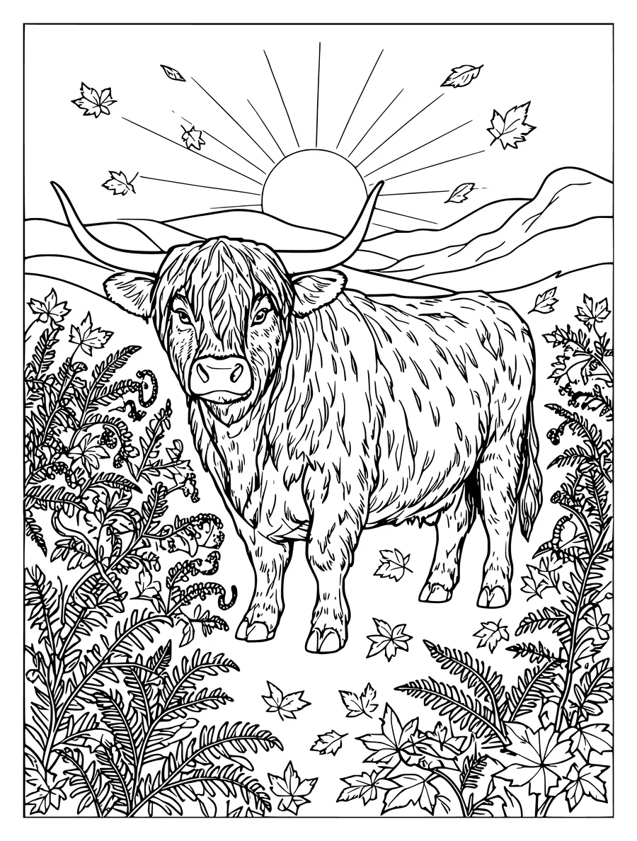 A detailed coloring page of a highland cow standing among autumn bracken with a sunburst above.
