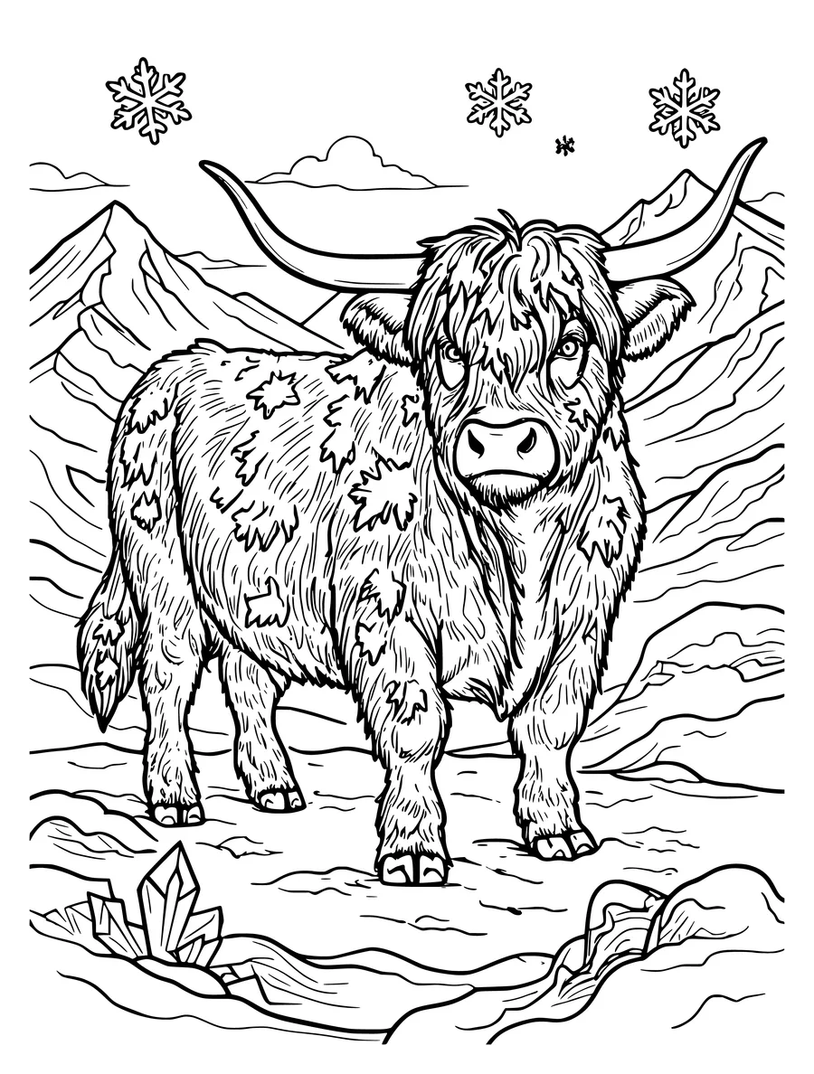 Black and white line art coloring page of highland cow in the snow with frost on its fur, detailed detail