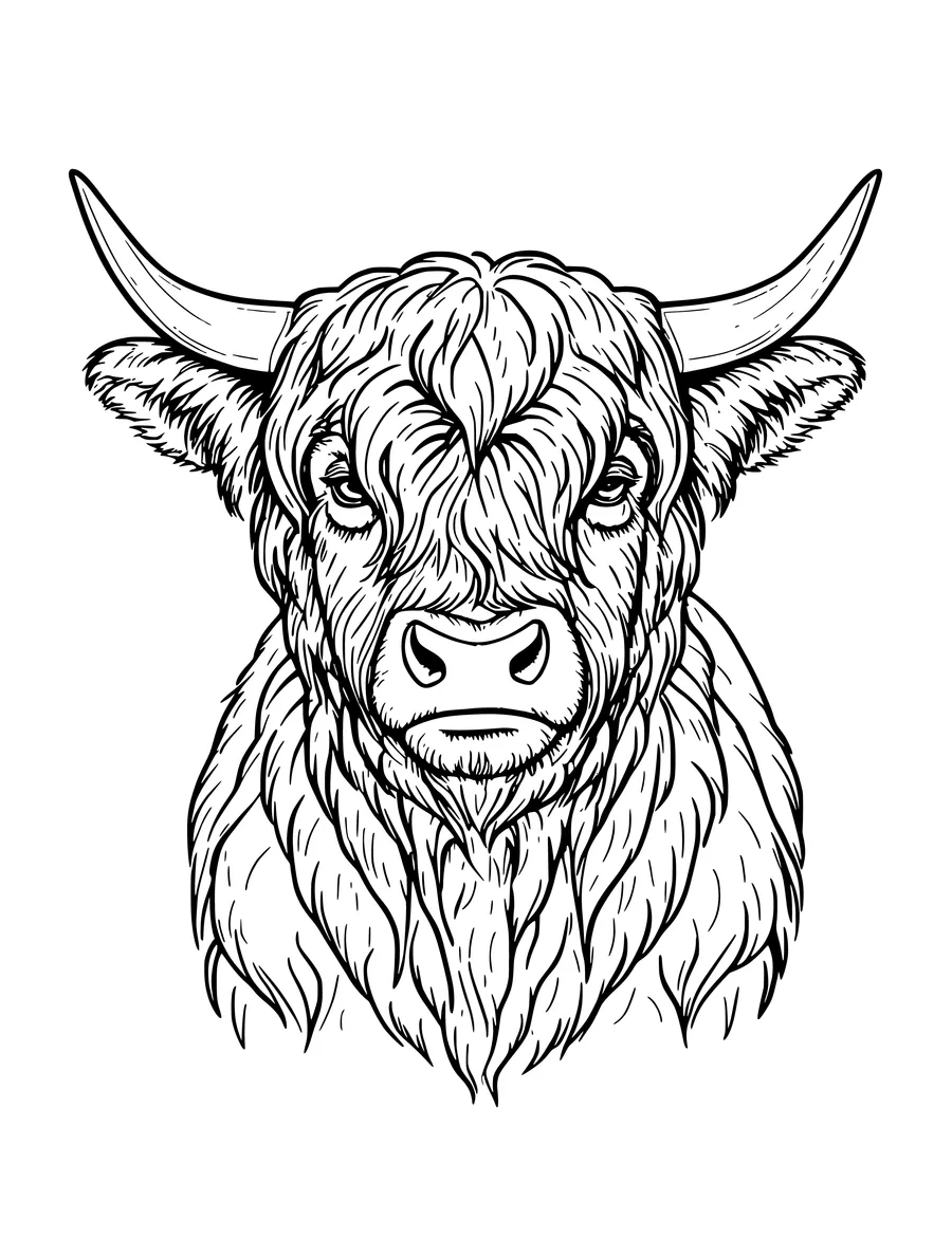 Black and white line art coloring page of highland cow portrait with detailed shaggy fur, detailed detail