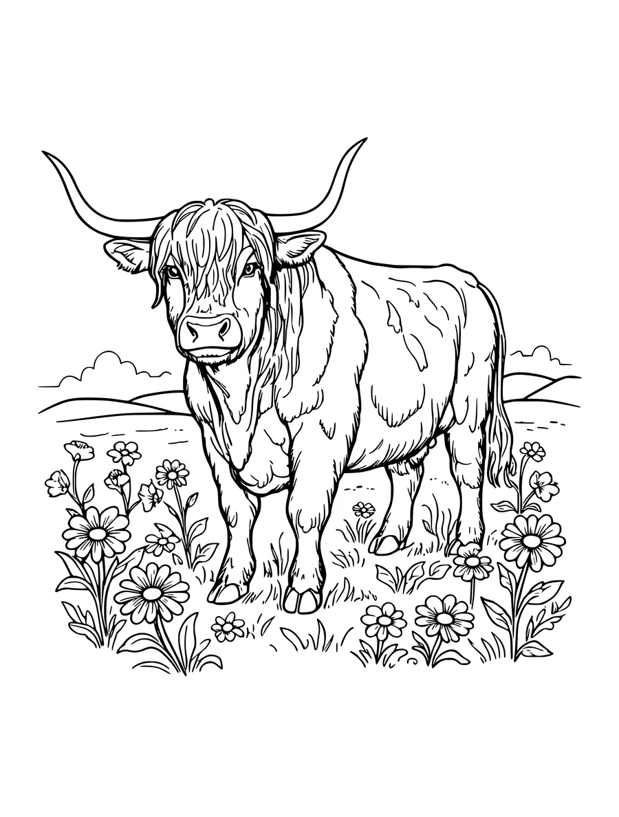 Black and white line art colouring page of highland cow standing in a flower meadow, medium detail