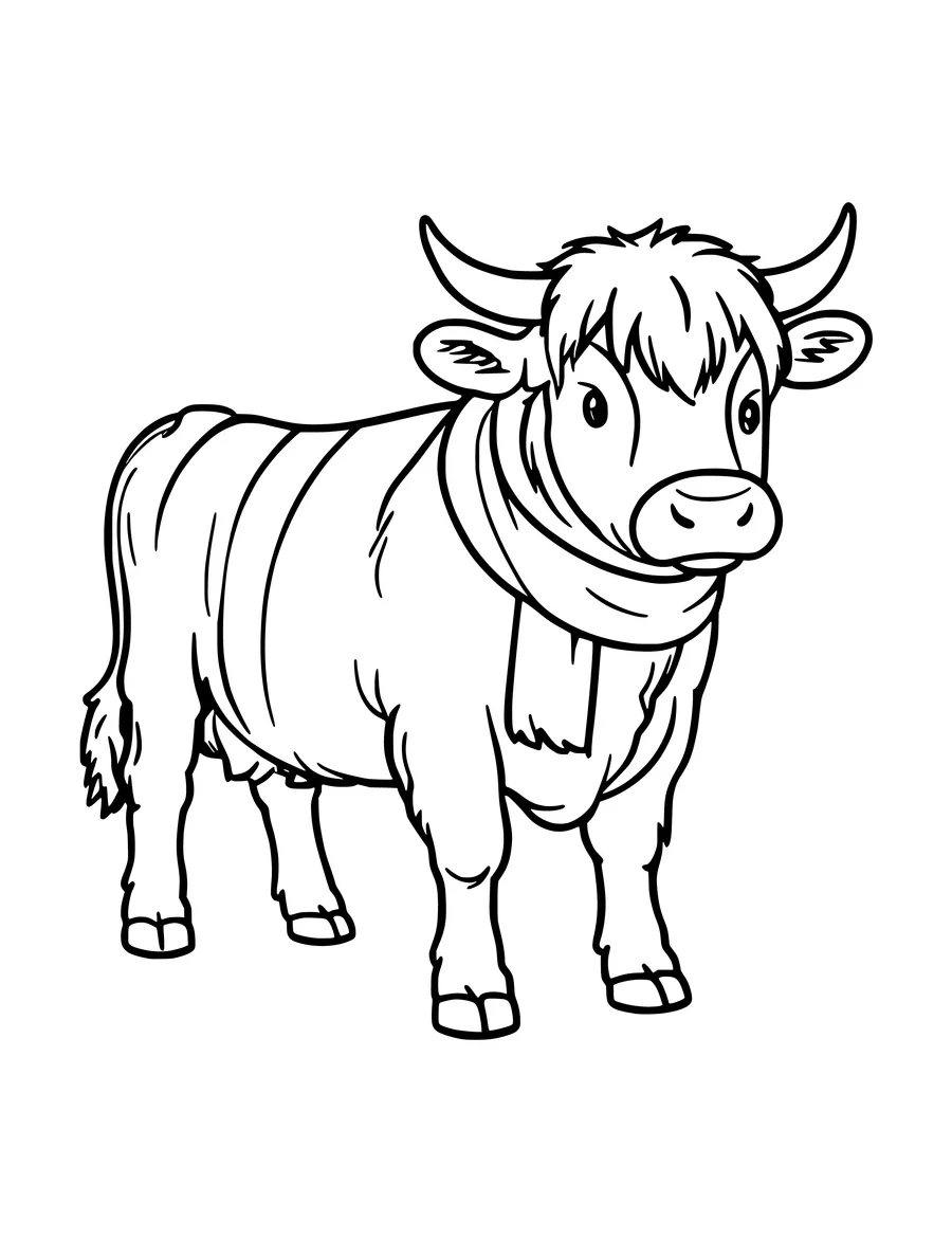 A colouring page featuring a fluffy highland cow wearing a simple scarf around its neck.
