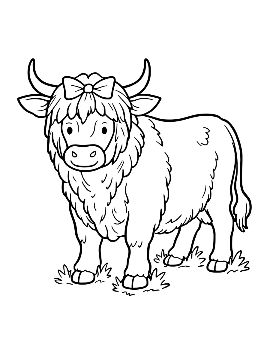 A coloring page of a cute highland cow standing in grass with a large bow in its fringe.