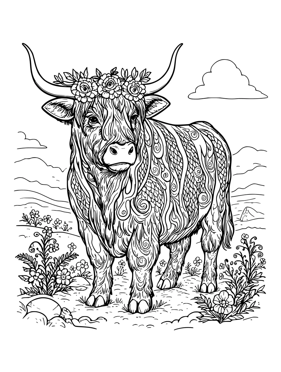 Black and white line art coloring page of highland cow with a floral wreath and patterned fur, intricate detail