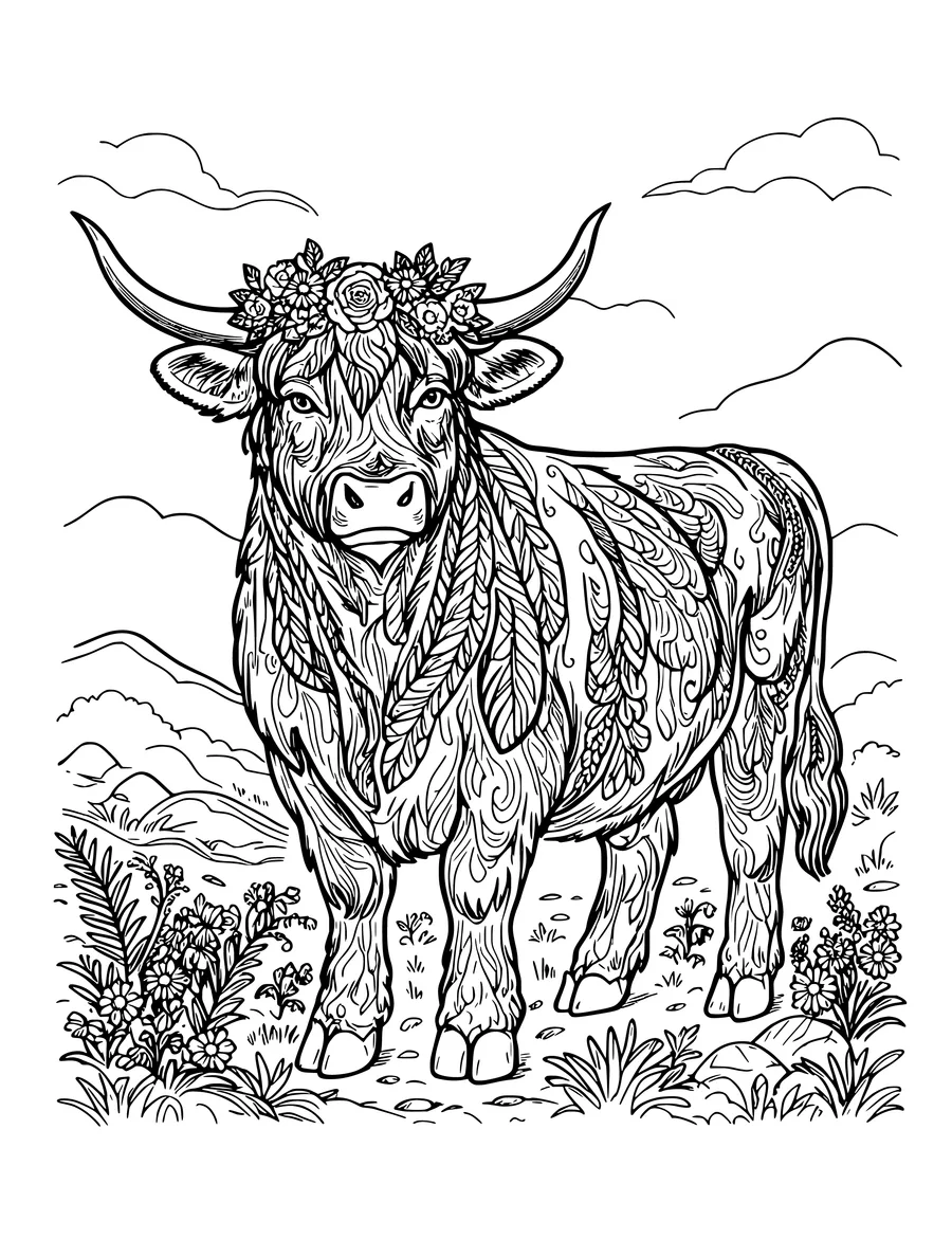 Black and white line art coloring page of highland cow with a floral wreath and patterned fur, intricate detail