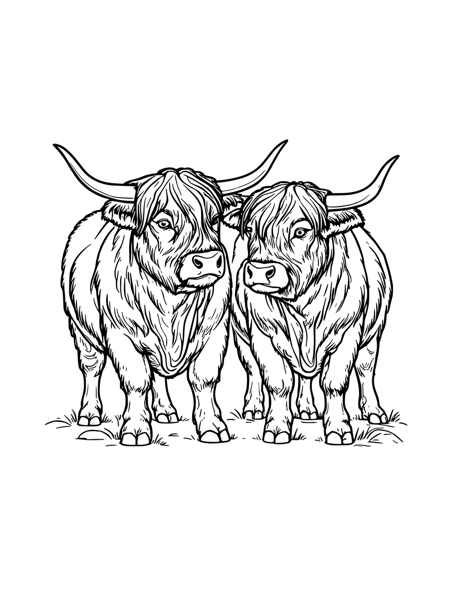 A coloring page showing a pair of highland cows standing side by side in a field.