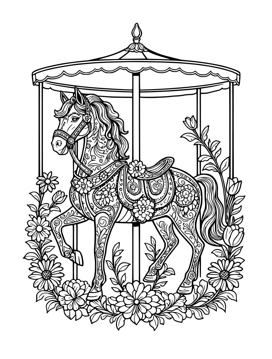 Black and white line art colouring page of carousel horse with ornate decoration and flowers, detailed detail