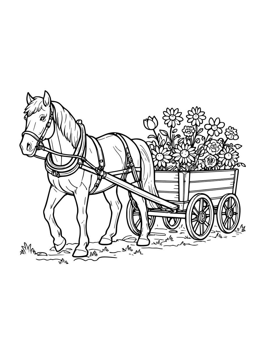 A detailed coloring page of a draft horse pulling a rustic cart overflowing with various flowers.