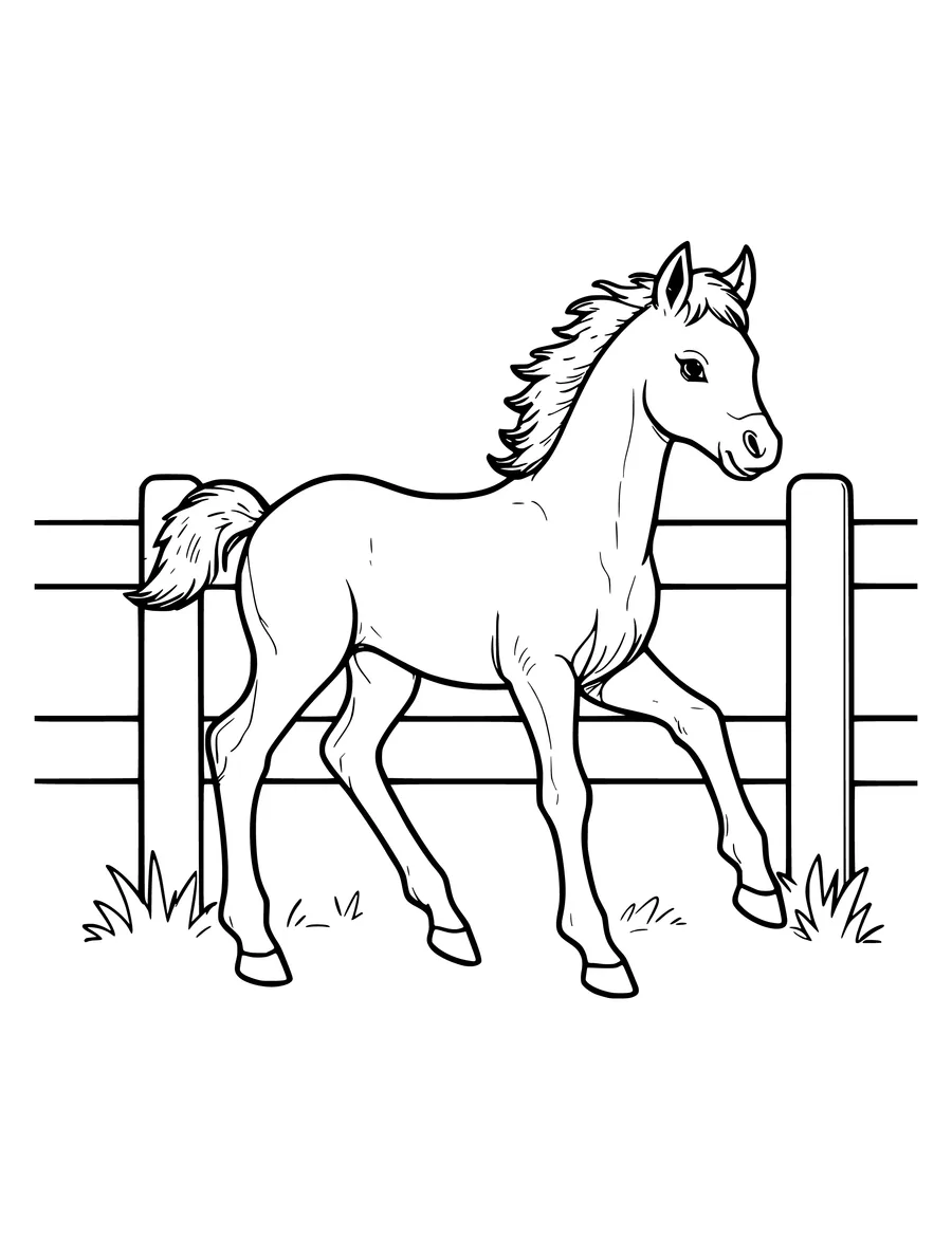 A colouring page showing a young foal trotting in a grassy field in front of a wooden fence.