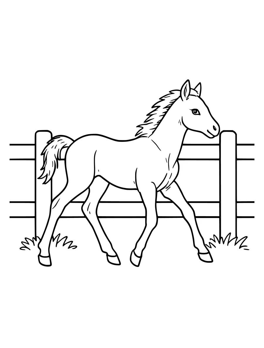 Black and white line art coloring page of foal trotting beside a fence, medium detail