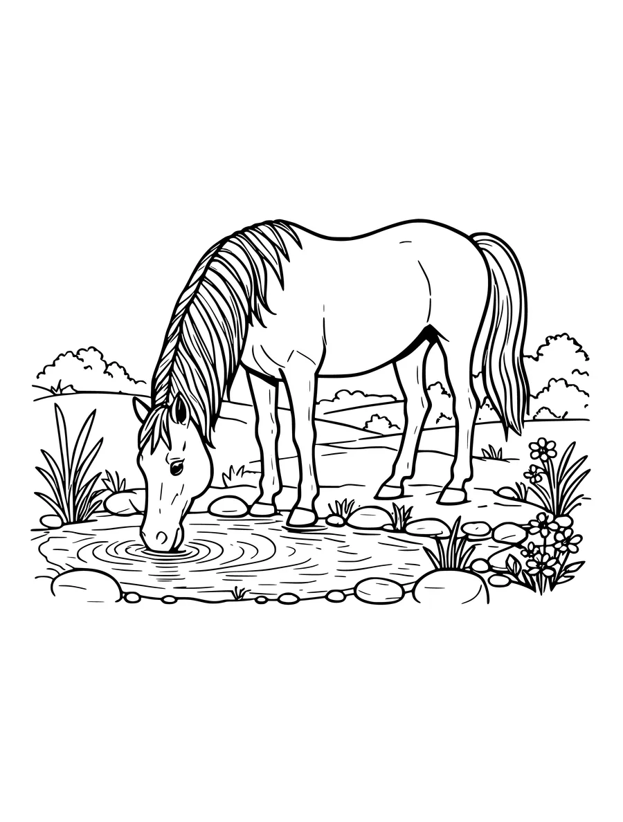 Black and white line art colouring page of horse drinking at a stream, medium detail