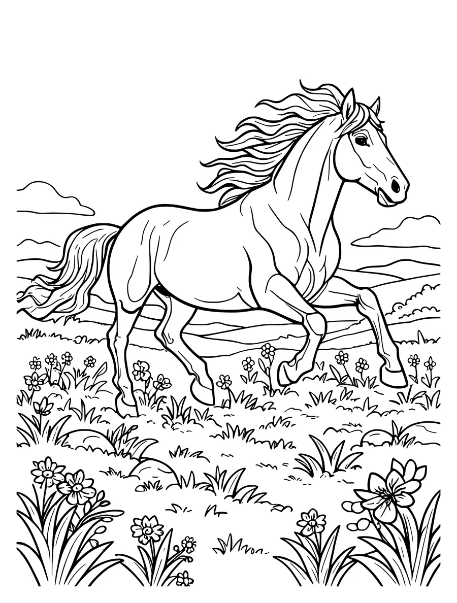 Black and white line art coloring page of horse galloping with a flowing mane across a meadow, detailed detail