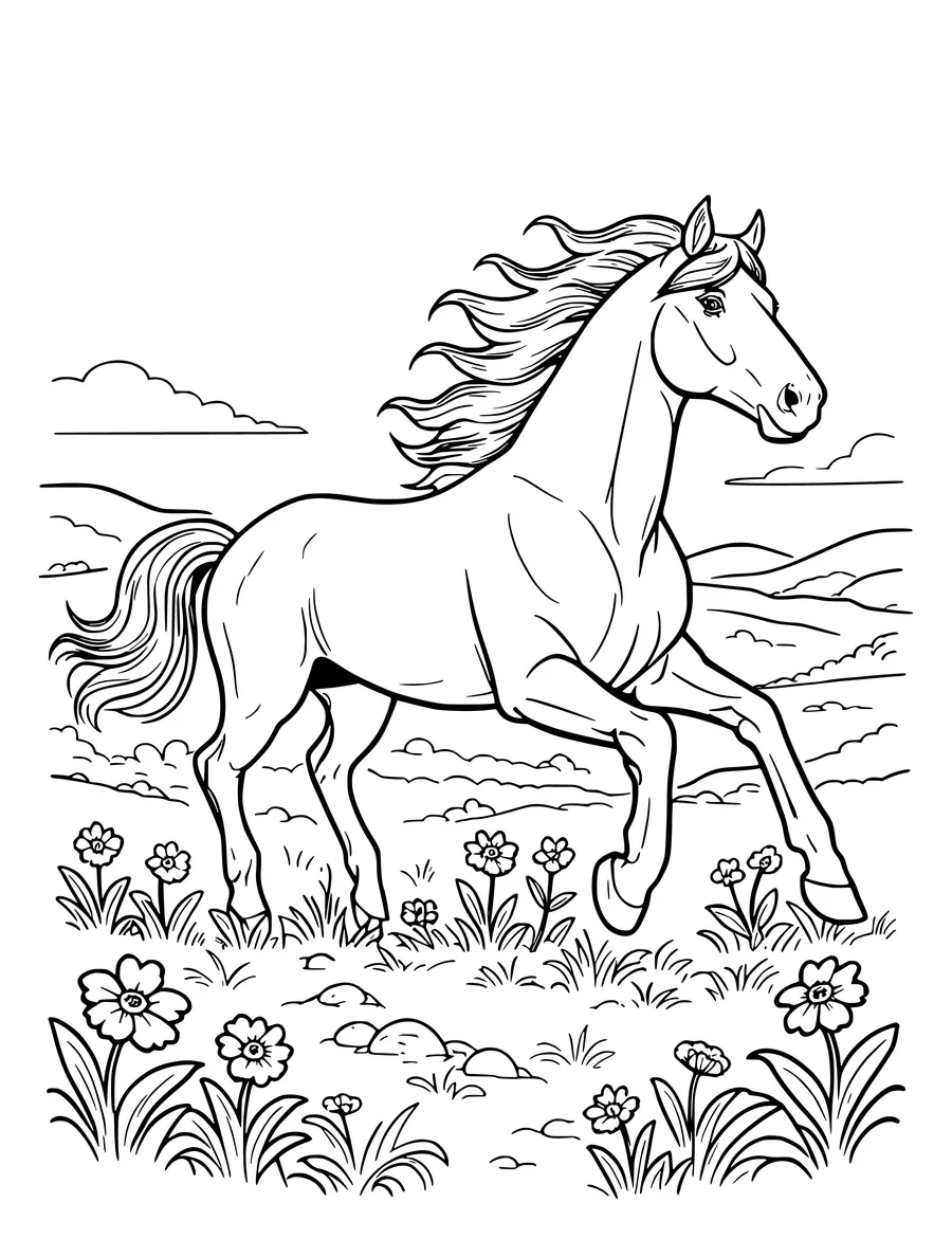 Black and white line art coloring page of horse galloping with a flowing mane across a meadow, detailed detail