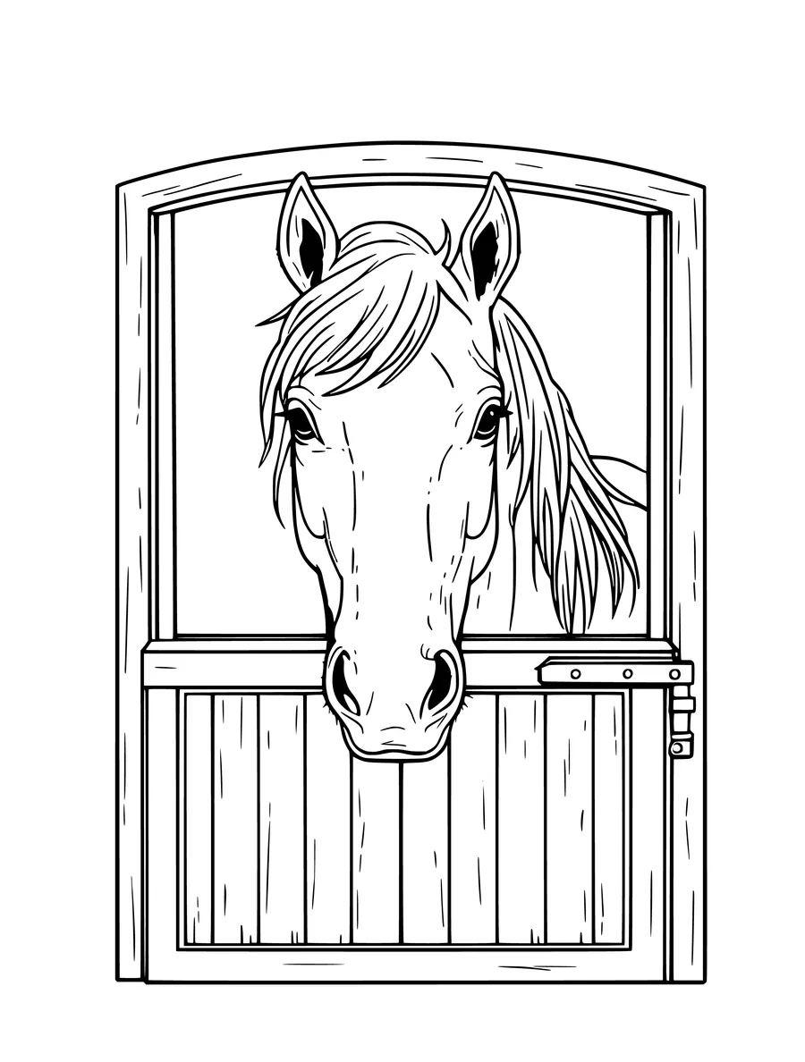 A coloring page showing a horse head peeking over the top of a wooden stable door.