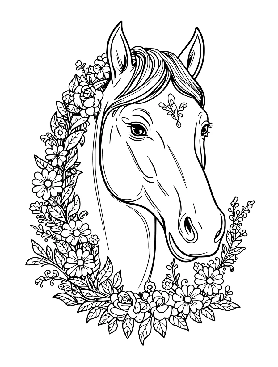 A detailed colouring page of a horse head surrounded by a large, ornate wreath of flowers and braided mane hair.