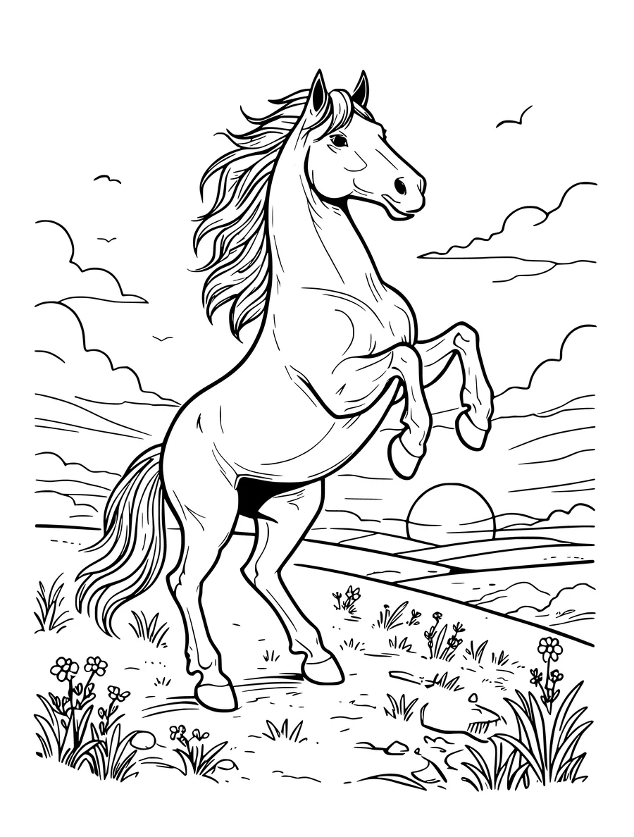 Black and white line art coloring page of horse rearing on a hillside at sunset, medium detail