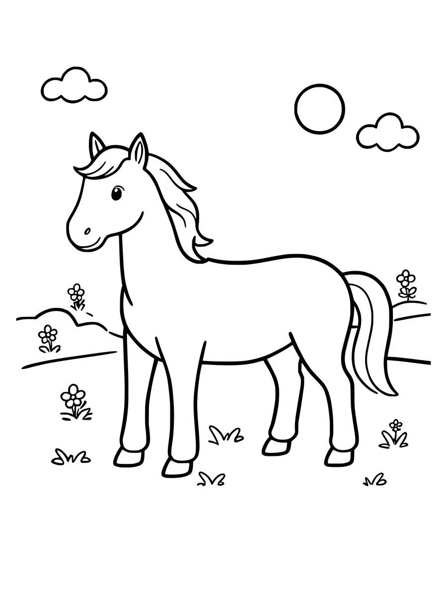 A simple line art colouring page of a horse standing in a grassy field with clouds and the sun overhead.
