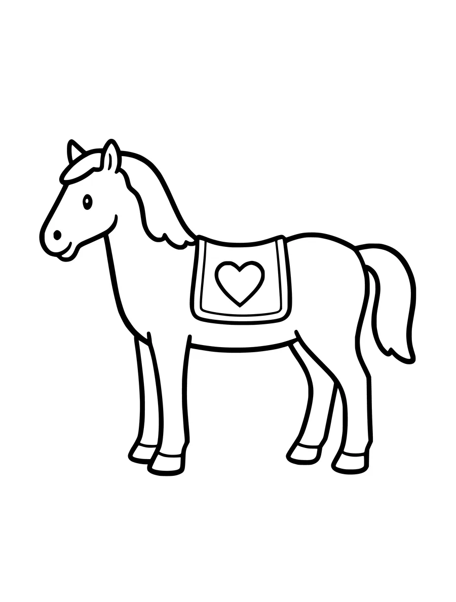 A simple coloring page of a horse wearing a saddle blanket decorated with a large heart.