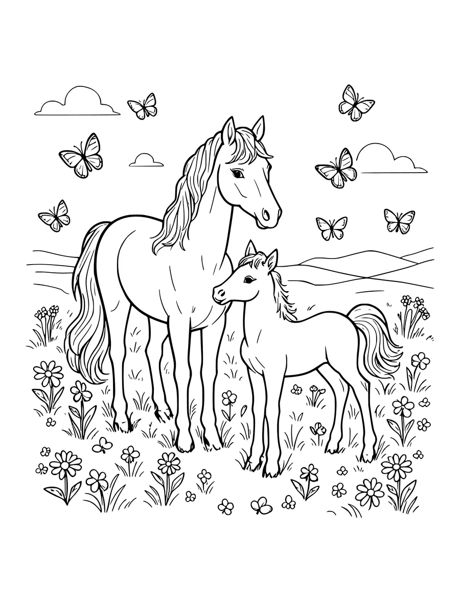 Black and white line art coloring page of mare and foal in a meadow with butterflies, medium detail
