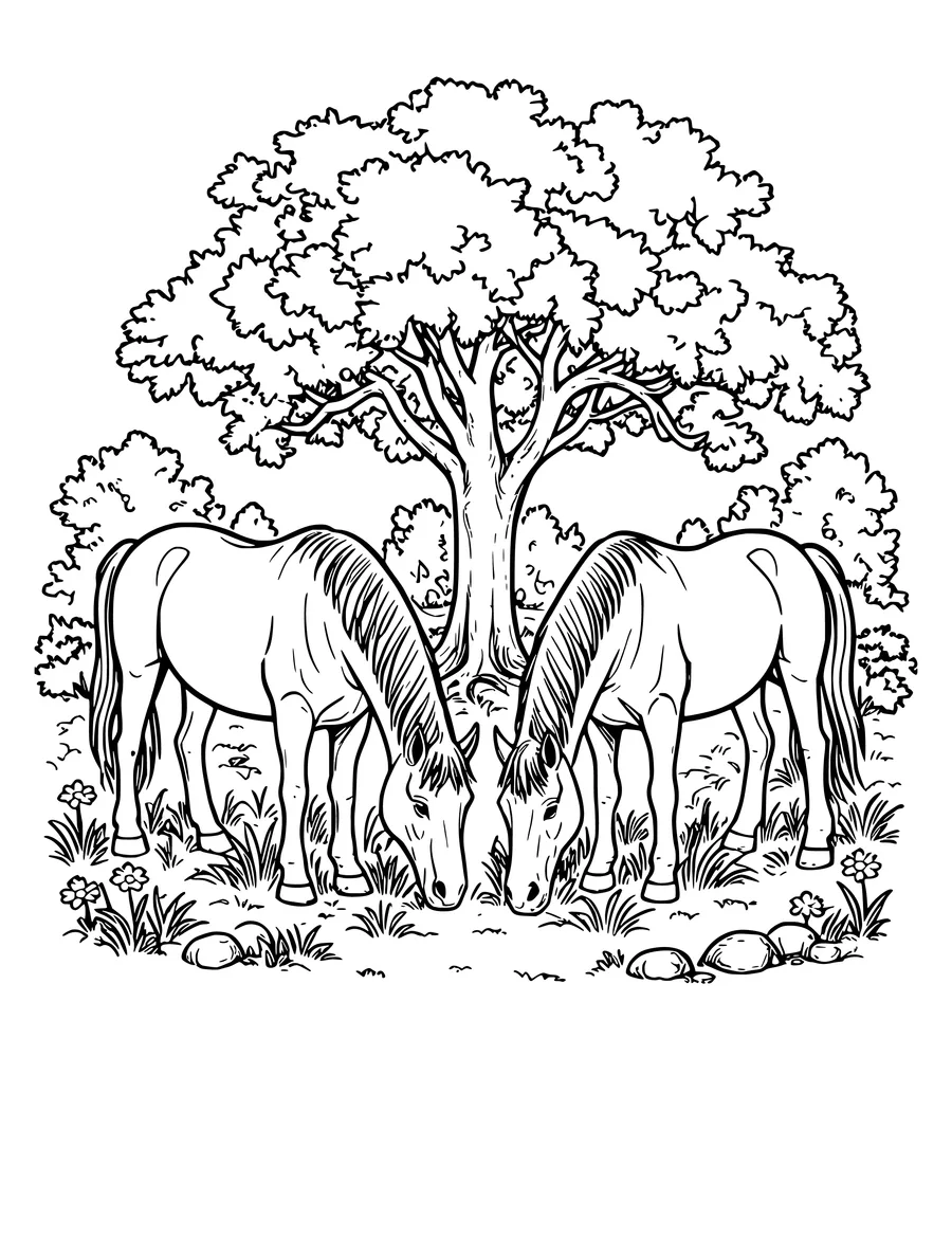 A detailed line art coloring page of two horses grazing peacefully under a large, leafy tree.