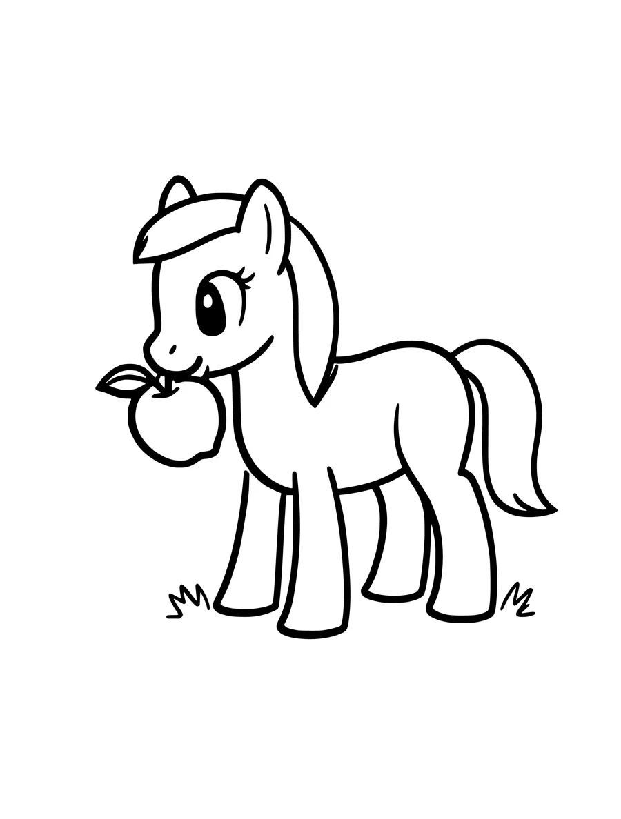 A simple line art coloring page of a cute pony standing in the grass while holding an apple in its mouth.