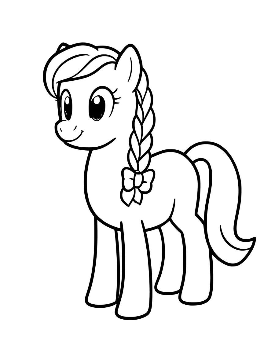 A cute pony colouring page featuring a braided mane adorned with a decorative bow.