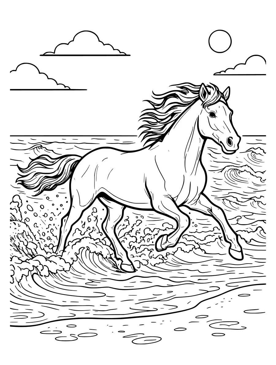 Black and white line art coloring page of wild horse running along a beach in the surf, detailed detail