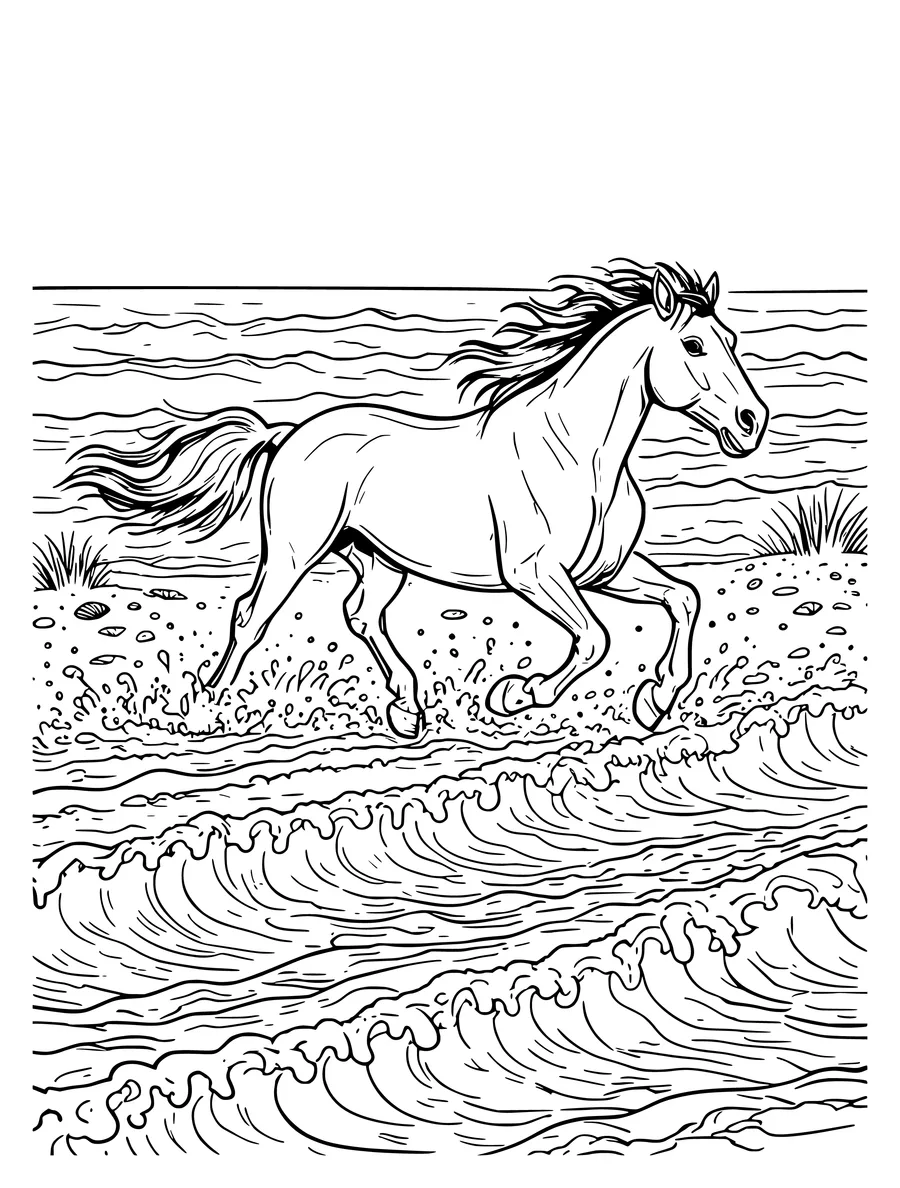 Black and white line art coloring page of wild horse running along a beach in the surf, detailed detail