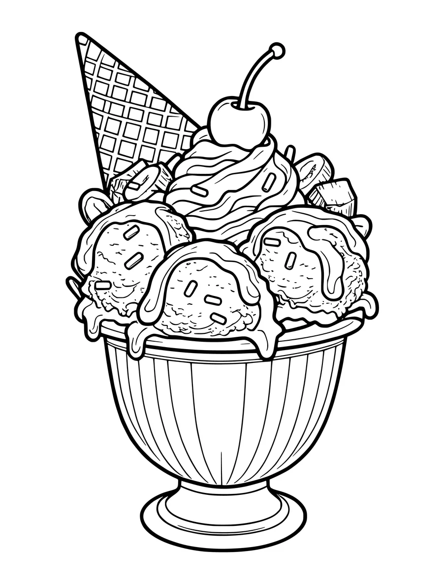 A detailed banana split dessert with scoops, sauce, and a cherry topping as a colouring page.