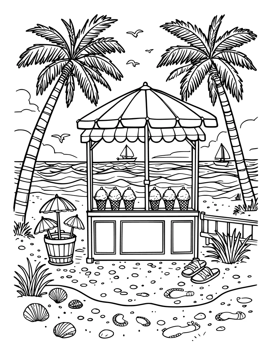 Black and white line art colouring page of beach scene with an ice cream stand and umbrella, detailed detail
