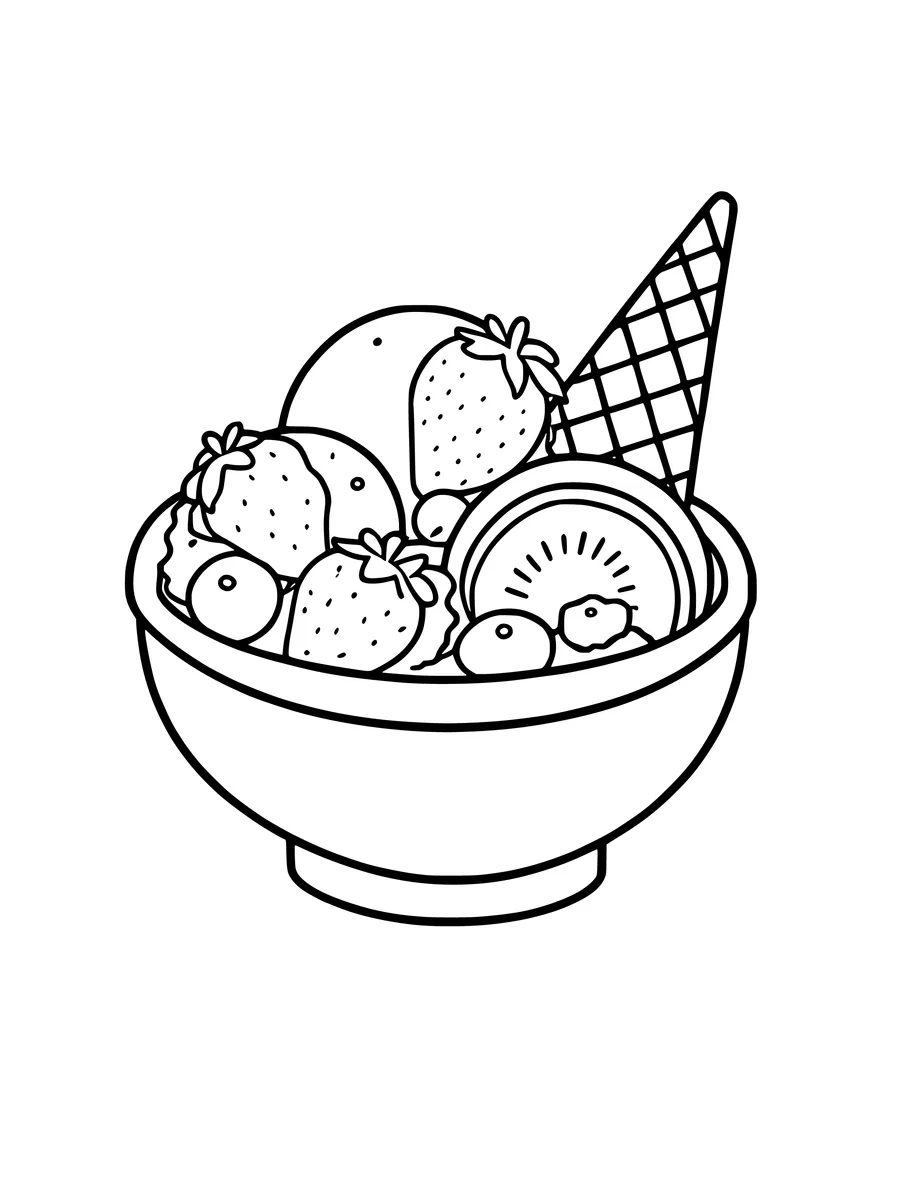 A bowl filled with scoops of ice cream, fruit, and a wafer cookie in this colouring page.