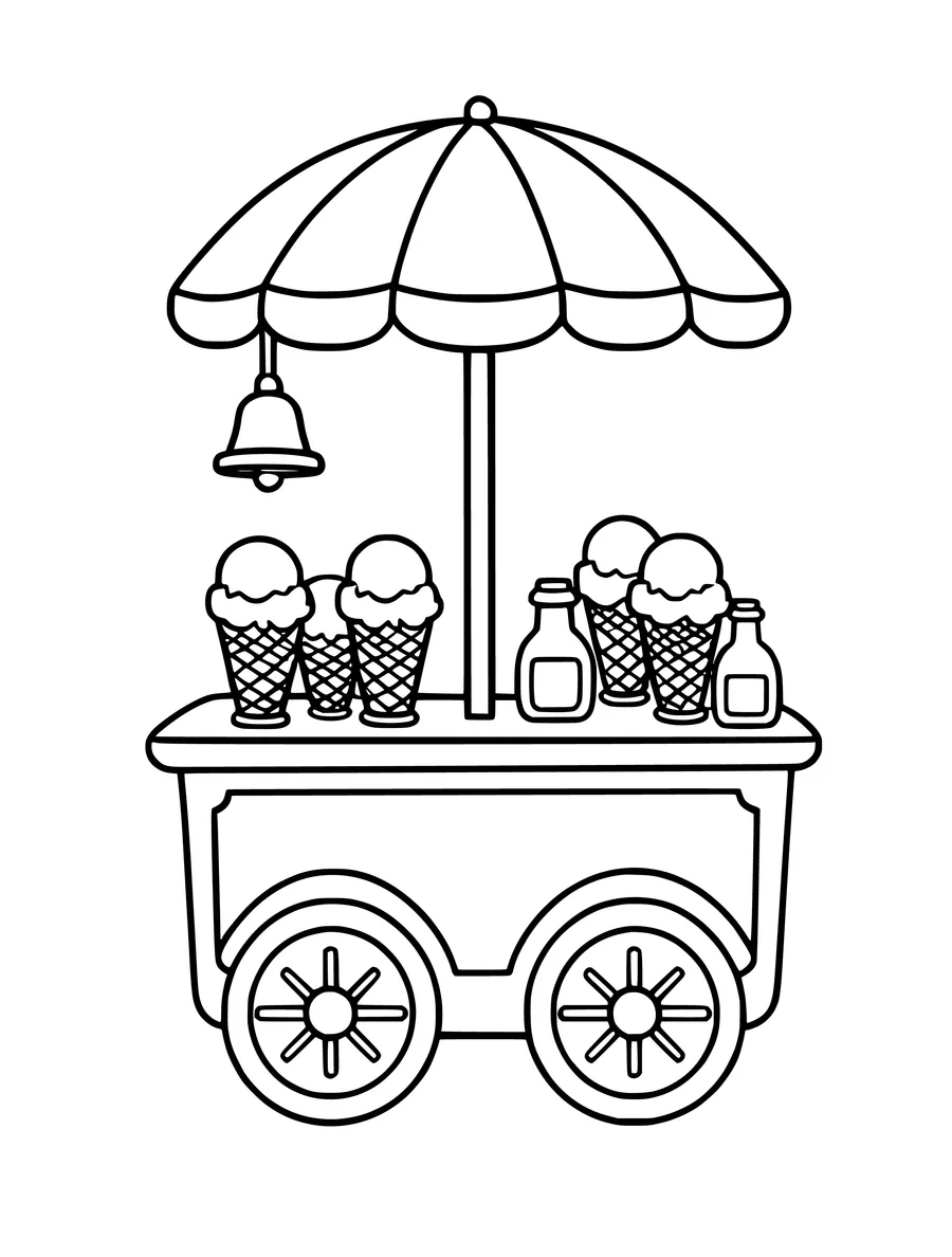 A wheeled ice cream cart features a striped umbrella and a hanging bell in this coloring page.