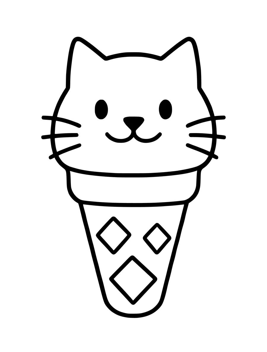 Black and white line art coloring page of ice cream cone shaped like a cat with ears and whiskers, simple detail