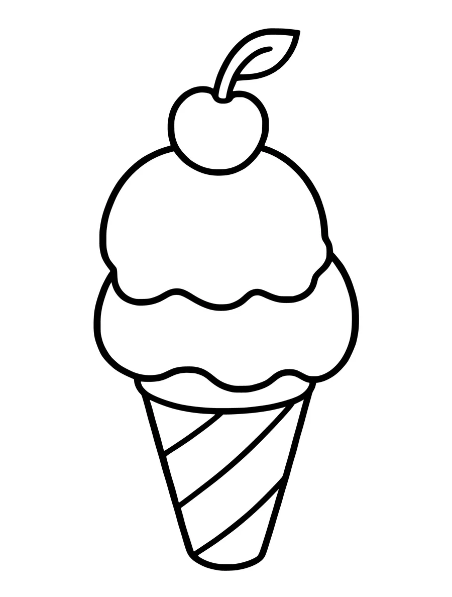 A colouring page featuring an ice cream cone with two large scoops topped by a cherry.