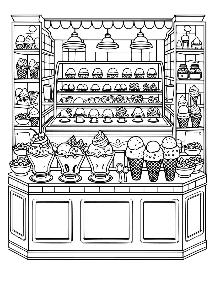 A detailed coloring page of an ice cream parlor counter filled with sundaes, cones, and shelves of treats.