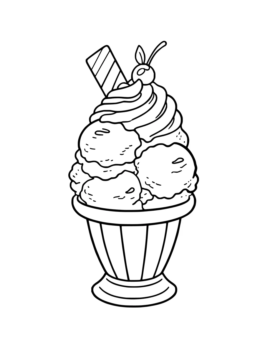 A coloring page of an ice cream sundae served in a dish with whipped cream, a wafer, and a cherry.